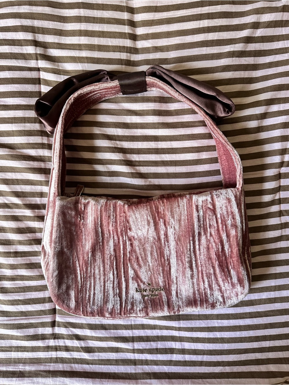 kate spade Pink Crushed Velvet Shoulder Bag with Brown Bow Strap